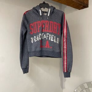 Superdry Gray and Red Hoodie with Cropped Design and Stripe